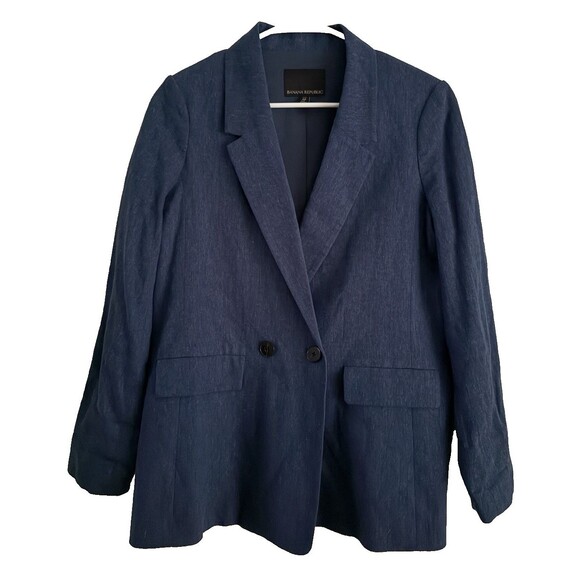 Banana Republic Linen Double Breasted Two Buttons Blazer Women Size 6 P Blue - Picture 3 of 11